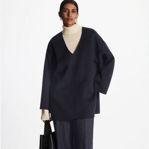 Cos V Neck Oversized Navy Blue Wool Poncho Jacket Size Medium/Large